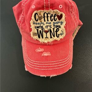 Red Distressed Cap with Coffee and Wine Patch